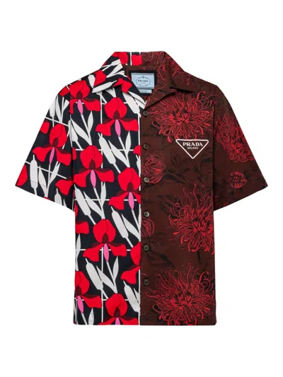 Prada Double Match Cotton Shirt In Red Multi
