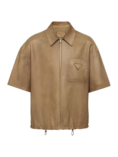 Prada Short-sleeve Nappa Leather Shirt In Beige Khaki