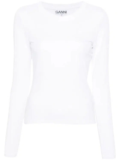 Ganni Rhinestone-logo Long-sleeved T-shirt In White