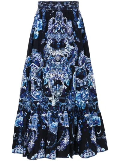 Camilla High-waist Tiered Organic Cotton Poplin Skirt In Blue