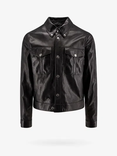 Versace Logo-engraved Leather Jacket In Black