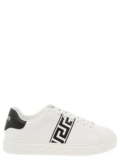 Versace 'new Greca' White Low Top Sneakers With Logo Detail In Vegan Leather Man
