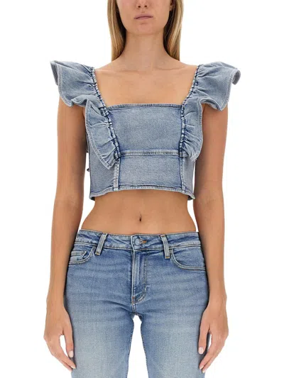 Ganni Top With Ruffles In Blue