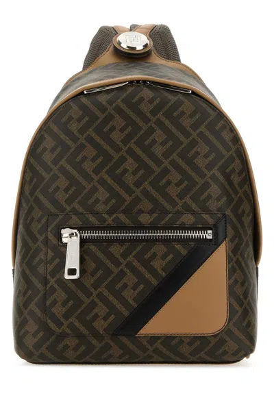Fendi Multicolor Canvas And Leather Small  Chiodo Diagonal Backpack In Tabacco