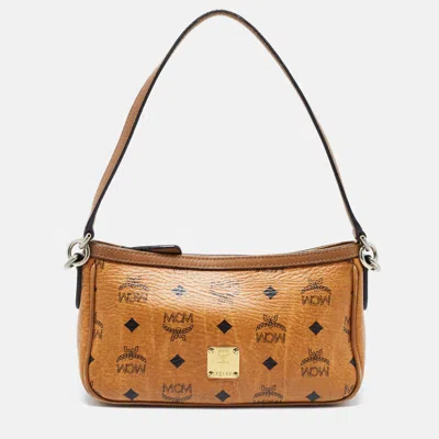 Mcm Cognac Visetos Coated Canvas And Leather Baguette Bag In Brown