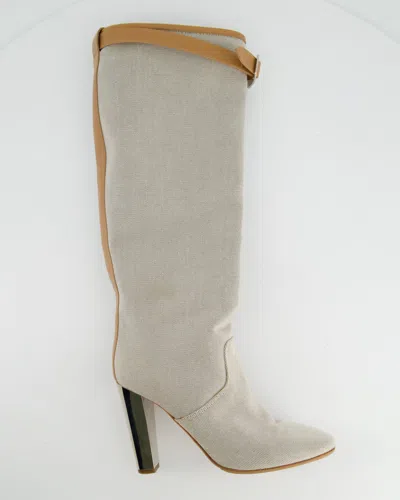 Hermes Stone Canvas Knee High Boots With Tan Buckle Detail In White