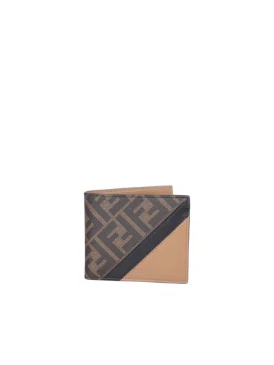 Fendi Man Multicolor Fabric And Leather Wallet In Beige