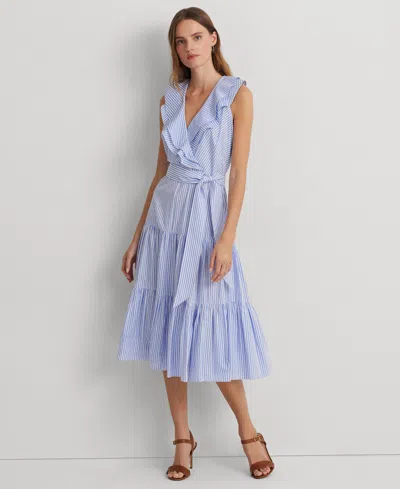 Lauren Ralph Lauren Striped Cotton Broadcloth Surplice Dress In Blue/white