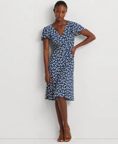 Lauren Ralph Lauren Floral Stretch Jersey Surplice Dress In Blue/cream