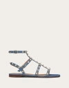 Valentino Garavani Rockstud Flat Calfskin Sandal With Straps Woman Blue 41