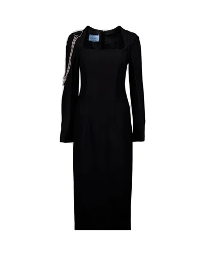 Prada Long Sleeved Maxi Sheath Dress Embelished With Necklace In Black