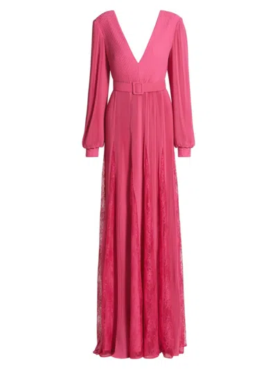 Badgley Mischka Women's Plissé Georgette & Lace Godet Belted Gown In Pink