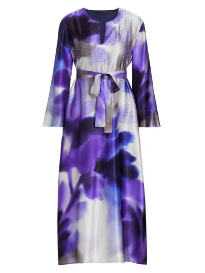 Josie Natori Women's Malaga Hotfix Silk Belted Midi-dress In Floret Purple