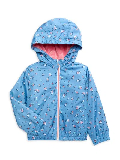 Pink Platinum Kids' Little Girl's Floral Faux Fur Lined Hooded Windbreaker Jacket In Blue