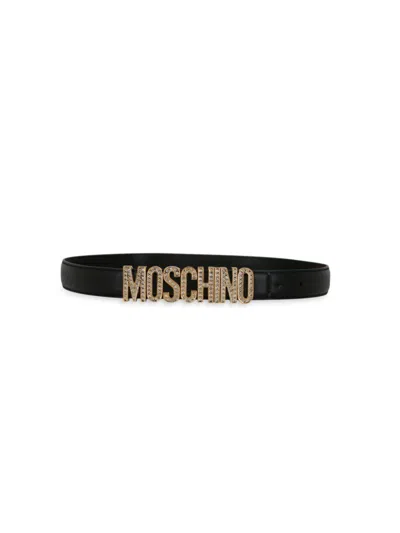 Moschino Logo Lettering Leather Belt In Black Gold