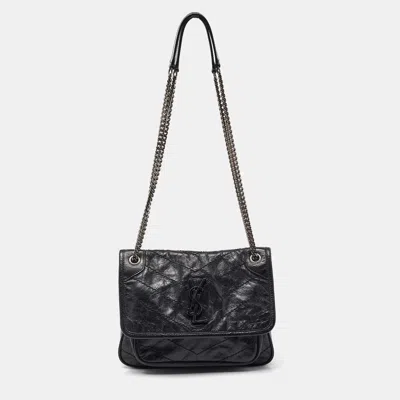 Pre-owned Saint Laurent Black Crinkled Leather Baby Niki Chain Shoulder Bag