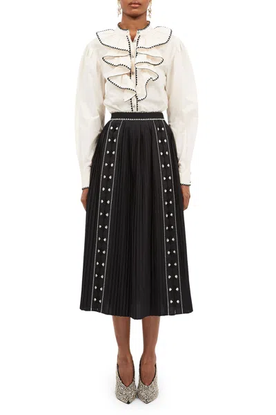 Ulla Johnson Sabina Pleated Embroidered Cotton-poplin Midi Skirt In Noir