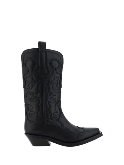Ganni Embroidered Leather Cowboy Boots In Black