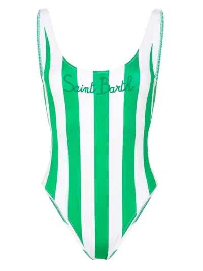 Mc2 Saint Barth Logo Striped One-piece Swimsuit In Green