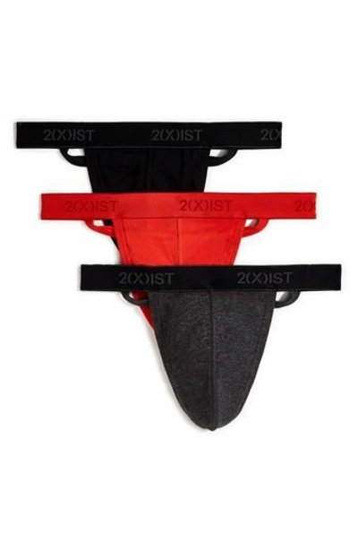 2(x)ist Men's 3-pk. Cotton Essential Y-back Thongs In Black/ Charcoal/ Poppy Red
