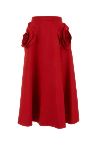 Valentino Appliquéd Wool And Silk-blend Crepe Midi Skirt In Red