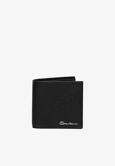 Santoni Bi-fold Logo Wallet In Saffiano Leather In Black