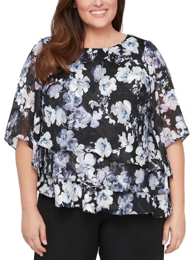 Alex Evenings Plus Womens Tiered Floral Print Blouse In Blue