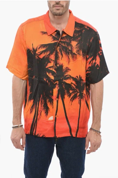 Blue Sky Inn Sunset Palms Printed Satin Shirt In Orange