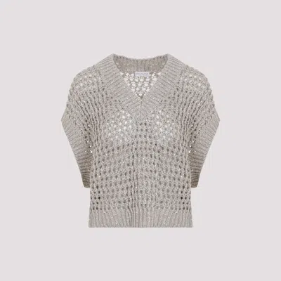 Brunello Cucinelli Grey  3d Diamond Net Silk Sweater In Nude & Neutrals