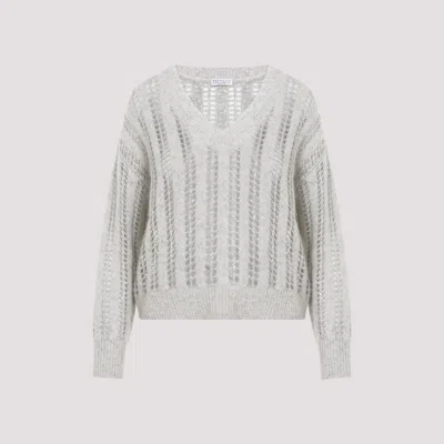 Brunello Cucinelli Pearl Grey 3d Ribbed And Shiny Net Wool Sweater