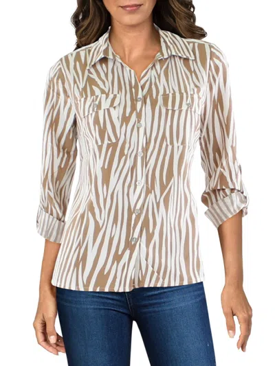 Ny Collection Petites Womens Striped Collared Blouse In Brown