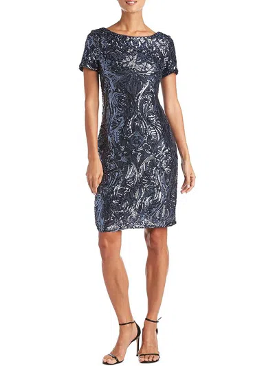 R & M Richards Petites Womens Sequins V Back Cocktail And Party Dress In Blue