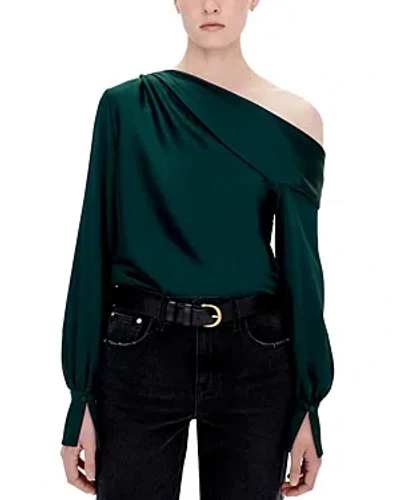 Simkhai Alice One-shoulder Long-sleeve Satin Top In Emerald