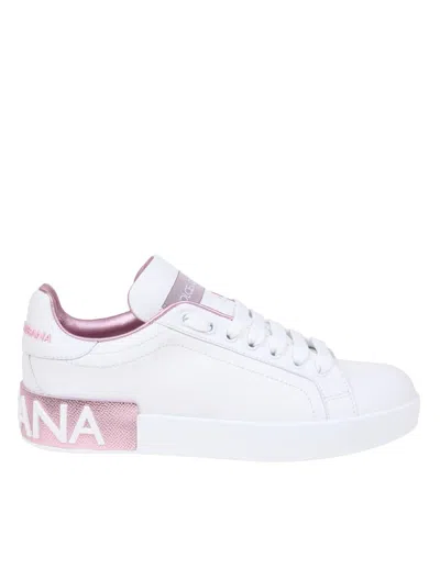 Dolce & Gabbana Portofino Sneakers In White Leather In White/pink