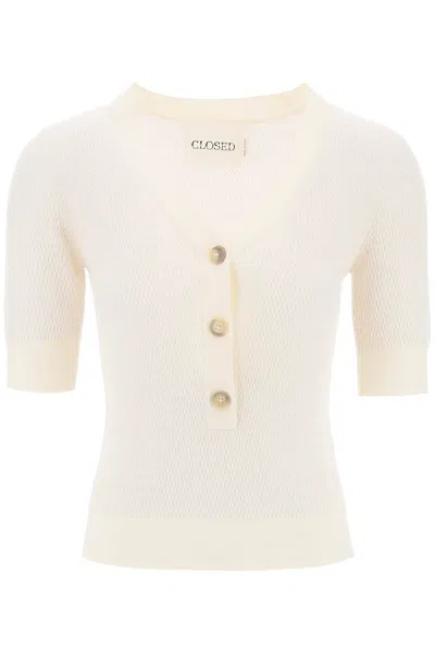 Closed Knitted Top With Short Sleeves In 白色的