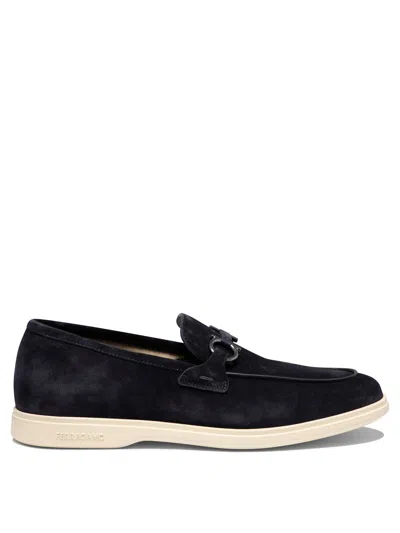 Ferragamo Deconstructed Gancini-detailed Suede Loafers In Navy