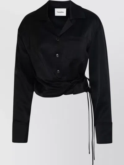 Nanushka Womens Black Merano V-neck Cropped Woven-blend Shirt