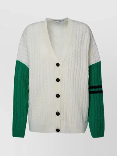 Msgm Colour-block Cable-knit Cardigan In White