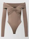 The Andamane Kendall Off The Shoulder Lycra Bodysuit In Brown