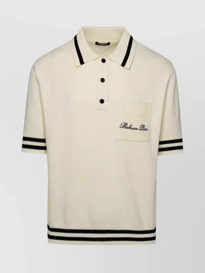 Balmain Logo Embroidered Knitted Polo Shirt In Cream