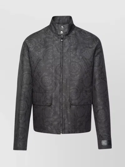 Versace 'barocco' Floral Cotton Jacket With Side Pockets In Grey