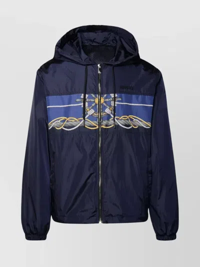 Versace Blouson Technical Fabric And Poly Twill With Nautical Print + Writing Embroidery In Blue