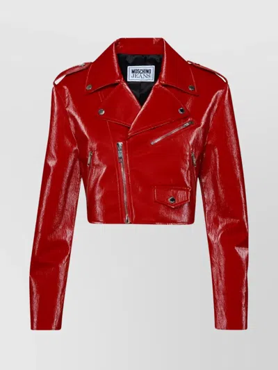 Moschino Jeans Zipped Cropped Biker Jacket In Red