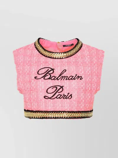 Balmain Logo-embroidered Tweed Crop Top In Pink