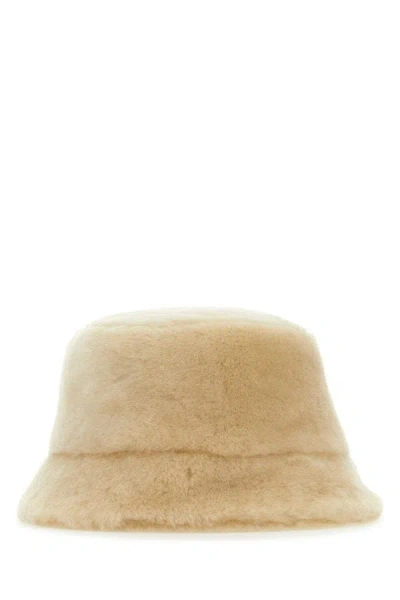 Prada Woman Beige Shearling Hat In Brown