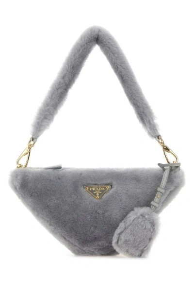 Prada Mini Triangle Logo Shearling Shoulder Bag In Grey