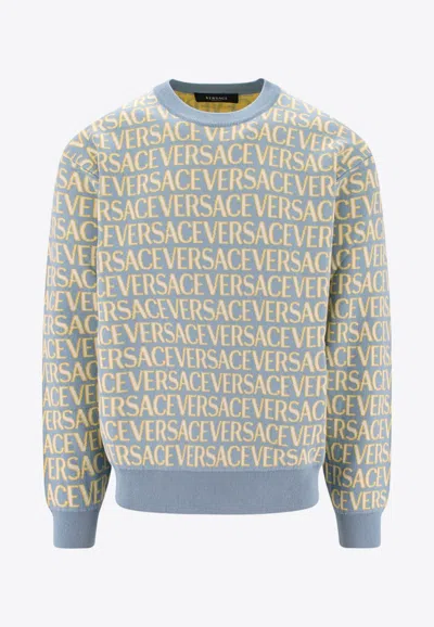 Versace All-over Logo Jacquard Sweater In Blue