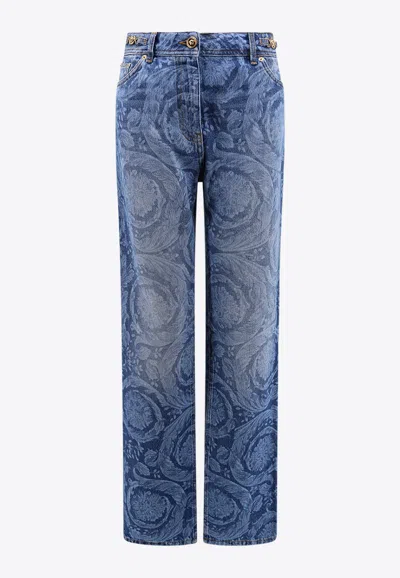 Versace Barocco Jacquard Straight-leg Jeans In Blue