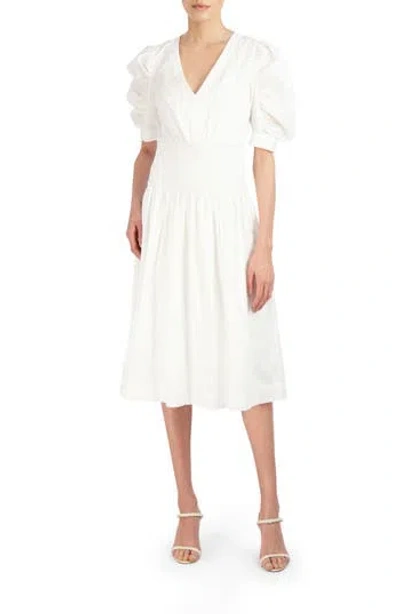 Bcbgmaxazria Women's Puff-sleeve Smocked-waist Poplin Midi Dress In Off White