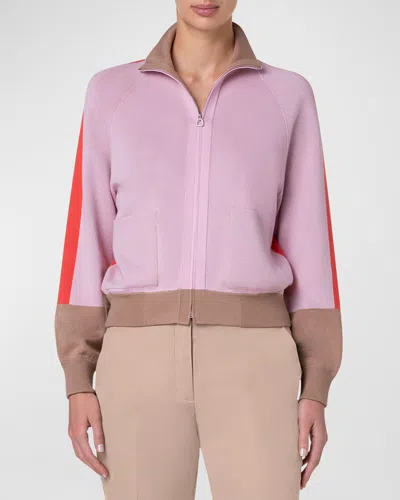 Akris Colorblock Fine Gauge Knit Zip-front Cardigan In Poppy-lotus-chai